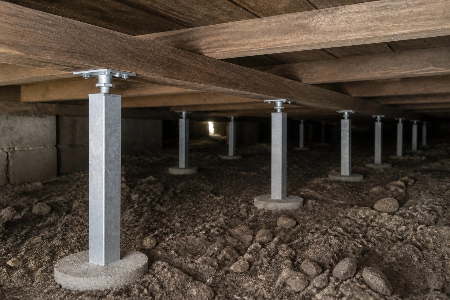 After: Leaning timber stumps and packers under a bungalow replaced with adjustable galvanised steel stumps
